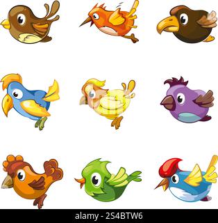 Cartoon birds vector. Funny birds icons. Cartoon birds vector set for game ui with birds Stock Vector