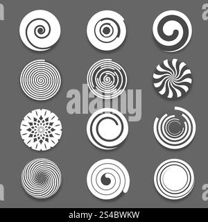 Motion spiral, swirl vector set. Motion spiral or swirl vector icons. Spinning white spiral and twist spiral signs, white spiral elements Stock Vector