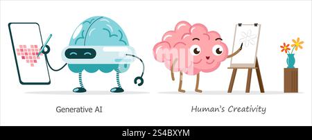 AI brain vs human brain in drawing and painting . Cartoon character . Vector . Stock Vector