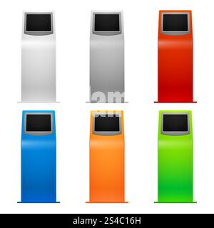 Information kiosk, debit machine, terminals vector illustration. Information kiosk, debit machine, terminals vector illustration. Banking atm and terminal for payment Stock Vector