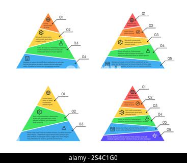 Pyramid, layers chart infographic vector elements with different numbers of levels. Pyramid, layers chart infographic vector elements with different numbers of levels. Business layer for presentation, diagram information illustration Stock Vector