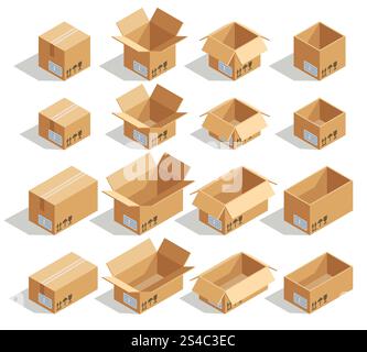 Vector isometric cardboard boxes. Vector isometric cardboard boxes. Box cardboard, box package, box packaging, box icon, box isolated illustration Stock Vector