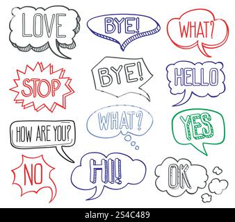 Hand drawn sketch speech bubbles clouds with different messages vector. Hand drawn sketch speech bubbles clouds with different messages. Set of hand drawn comic bubble design elements. Vector illustration Stock Vector