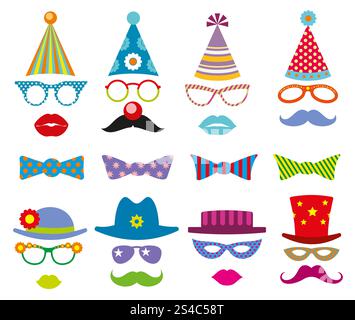Birthday party photo booth props vector set. Birthday party photo booth props vector set. Party decoration for photo booth, birthday mask photo booth, costume for masquerade photo booth illustration Stock Vector