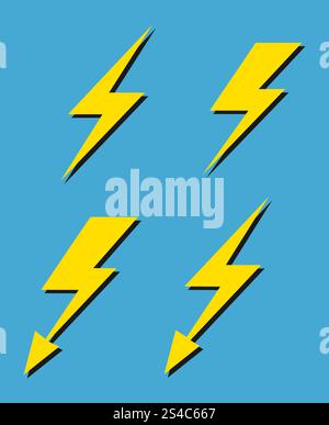 Set of vector yellow lightnings background. Set of vector yellow lightnings isolated on blue background illustration Stock Vector