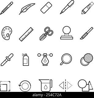 Drawing, design tools vector line text editor icons set for web ui app. Drawing, design tools vector line text editor icons set for web ui app.Iinstrument icons for interface application illustration Stock Vector