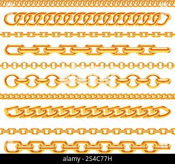 Realistic gold necklace chains vector brushes set. Realistic gold necklace chains vector brushes set. Golden metal chain link for decoration illustration Stock Vector