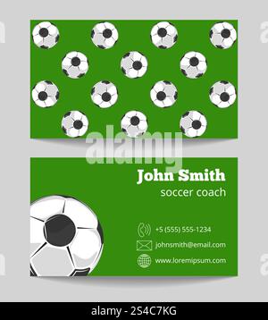 Soccer green field business card template. Soccer coach green field business card. Template of football card. Vector illustration Stock Vector