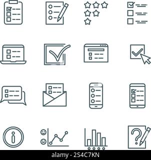 Online test, internet quiz, questionnaire, survey, exam, quizzes thin line vector icons. Online test, internet quiz, questionnaire, survey, exam, quizzes thin line vector icons. Linear checklist for feedback, stats list illustration Stock Vector