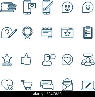 Testimonials, client relationship, feedback, inquiry thin line vector icons. Testimonials, client relationship, feedback, inquiry thin line vector icons. Support and communication illustration Stock Vector