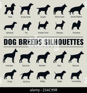 Dog breeds vector silhouettes set. Dog breeds vector silhouettes set. Poodle and german shepherd, dachshund and pug illustration Stock Vector