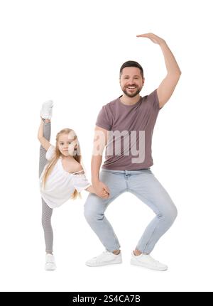 Happy father and his cute little daughter having fun on white background Stock Photo