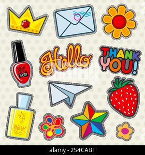 Fashion patches vector icons. Fashion patches vector icons. Fruit and colorful elements badge illustration Stock Vector