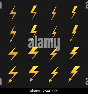 Set of yellow lightnings isolated over black. Set of yellow lightnings isolated on black background. Vector illustration Stock Vector