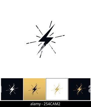 Lightning thunderbolt sign or strike electric bolt vector icon. Lightning thunderbolt sign or strike electric bolt vector icons on black, white and gold backgrounds Stock Vector