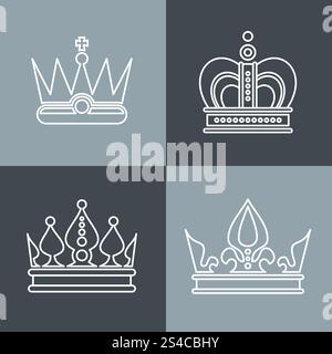 White line crown icons on gray background. White line crown icons on gray background. Set of linear crowns. Vector illustration Stock Vector