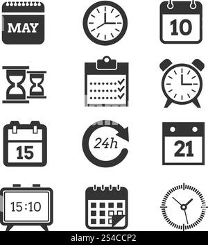 Time, schedule vector icons set. Time and schedule vector icons. Set of clocks and calendars, illustration of pictogram calendar and clock for business Stock Vector