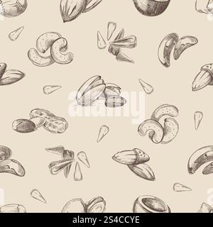 Nuts hand drawn doodles seamless pattern. Nuts hand drawn doodles seamless pattern. Almond and pecan nut, endless pattern with nuts illustration Stock Vector