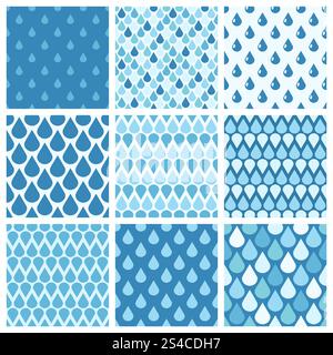 Set of blue vector water drops seamless patterns. Set of blue vector water drops seamless patterns. Rain backdrop illustration Stock Vector