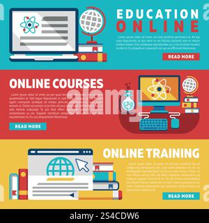 Online education training courses or webinars banners. Online education training courses tutorials webinars vector banners set Stock Vector