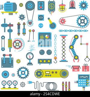 Vector parts of mechanism and robots flat icons. Vector parts of mechanism and robots flat icons. Illustration mechanical part and gear of parts for equipment machine Stock Vector