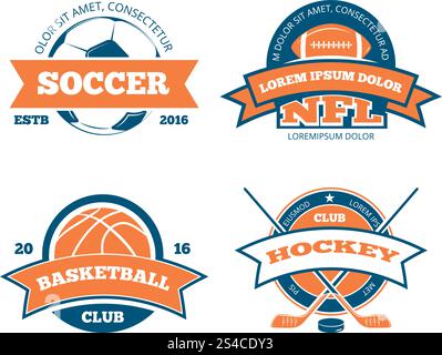 American football, basketball, soccer, hockey sports team vector labels, emblems, logos and badges. American football, basketball, soccer, hockey sports team vector labels, emblems, logos and badges. Sport american football, logo sport, label sport soccer, sport hockey illustration Stock Vector