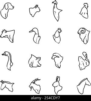 Farm animal and birds heads vector thin line flat icons. Farm animal and birds heads thin line flat icons. Figure head farm animals and outline head cow, hen, pig. Vector illustration Stock Vector