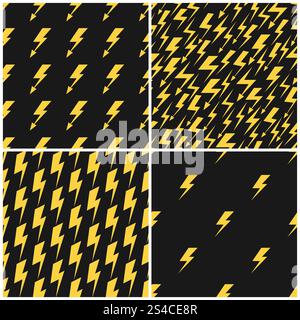 Yellow lightnings black vector seamless patterns set. Set of yellow lightnings on black vector seamless patterns illustration Stock Vector