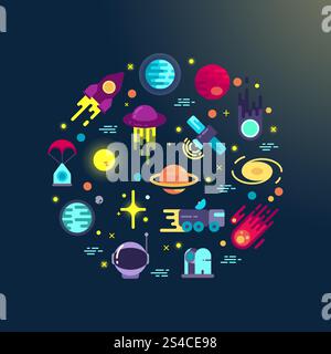 Space flat icons composition. Space abstract background with flat space icons in circle composition. Space exploration infographic element Stock Vector