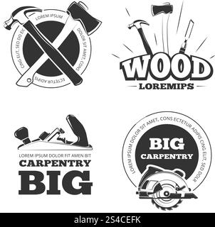 Vintage carpentry vector labels, emblems, badges and logos set. Vintage carpentry vector labels, emblems, badges and logos set. Carpentry emblem and label, tool for carpentry industry illustration Stock Vector