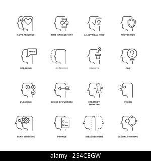 Cognitive process linear icons set. Perception, Attention, Memory ...
