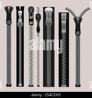 Vector zippers, fastener vector set. Vector zippers, fastener vector set. Fashion fastener, zippers for cloth, zipper metal, connection zippers illustration Stock Vector