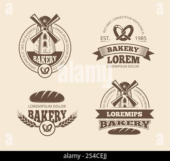 Retro bread bakery old style logos labels badges emblems. Retro bread bakery old style logos labels badges emblems. Badge and sticker for bakery bread, product bread label illustration Stock Vector