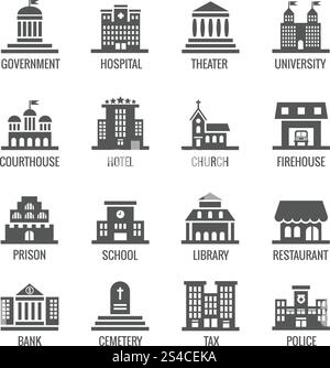 Government, public building vector icons set. Government, public building vector icons set. Building icon set public and architecture building government city illustration Stock Vector