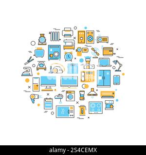 Home electronics appliances vector line concept. Home electronics appliances vector line icons in circle composition. Household appliances thin line concept background Stock Vector