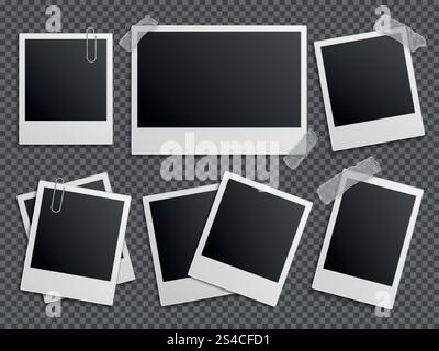 Retro photo polaroid frames vector set for family album. Retro photo vector set. Polaroid frames for family album. Empty vintage photography card sets, vector illustration Stock Vector