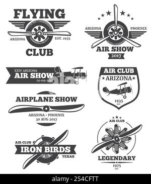 Vector aviation badges, avia club emblems, airplane logos set. Vector aviation badges, avia club emblems, airplane logos set. Retro plane with propeller, airshow label emblem illustration Stock Vector