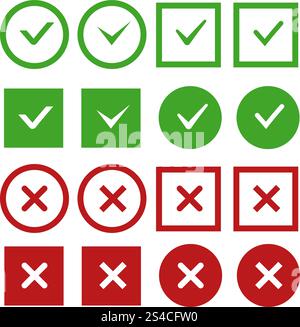 Green check marks and red crosses vector buttons or icons. Green check marks and red crosses vector buttons or icons. Sign no and yes mark. Check mark correct and negative. Vector illustration Stock Vector