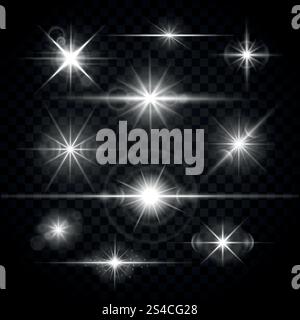 Lens flares glare lighting effects vector set. Lens flares glare lighting effects vector set. Shiny stars isolated on checkered background illustration Stock Vector