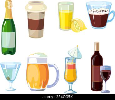 Alcohol and non alcoholic drinks with bottles, glasses vector. Alcoholic and non alcoholic drinks. Different beverages with bottles and glasses. Vector icons Stock Vector