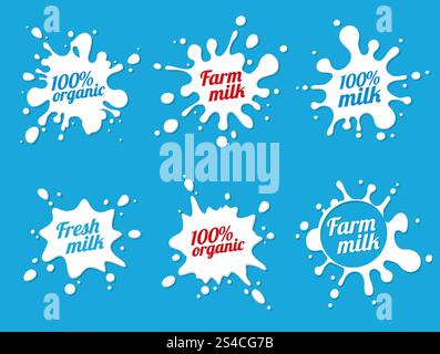 Vector milk emblems or dairy labels with splashes and blots. Milk emblems and dairy labels with splashes and blots. Vector milk stains and drops of cream Stock Vector