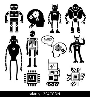 Robots and cyborgs, androids and artificial intelligence vector icons ...