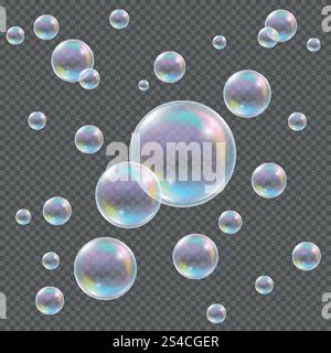 Realistic transparent vector soap bubbles with rainbow reflection and glares on checkered background. Soap bubbles on transparent background. Realistic transparent vector soap bubbles with rainbow reflection and glares on checkered background Stock Vector