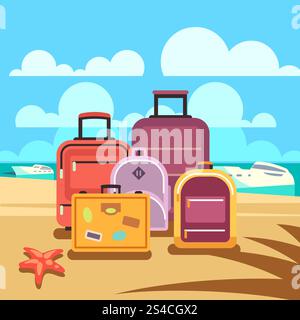 Traveling planning, summer vacation, tourism vector background with passenger luggage. Traveling planning, summer vacation, tourism vector background with passenger luggage. Summertime travel and baggage for summer journey illustration Stock Vector