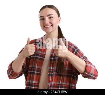 Happy woman showing her thumbs up Stock Photo - Alamy