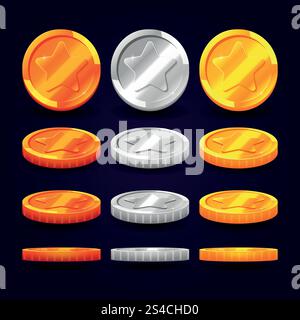 Gold, silver, and copper coins in different positions. Vector elements for animation computer games. Gold, silver, and copper coins in different positions. Vector elements for animation and computer games. Set of metal coins, illustration of coin money Stock Vector