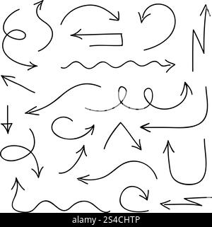 Black arrows icons in hand drawn style. Black arrows icons in hand drawn style. Arrow sketch sign and set of hand drawn arrows. Vector illustration Stock Vector