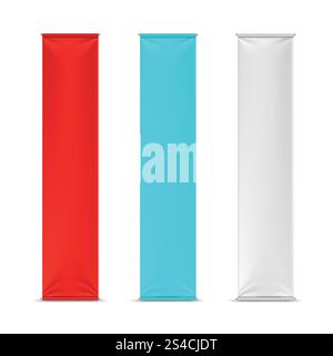 Color empty vertical advertising banner flags. Vector mockup. Color empty vertical advertising banner flags. Mockup advertising placard vertical, canvas or cotton frame advertising poster. Vector illustration mockup Stock Vector