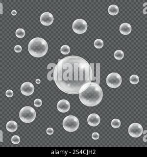 White realistic soap water bubbles vector set. White realistic soap water bubbles vector set. Glossy realistic bubble and translucent aqua bubble illustration Stock Vector