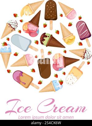 Ice cream vector icons logos set in circle design. Ice cream vector icons logos set in circle design. Set of ice cream in round. Ice cream in cone waffle with strawberry illustration Stock Vector